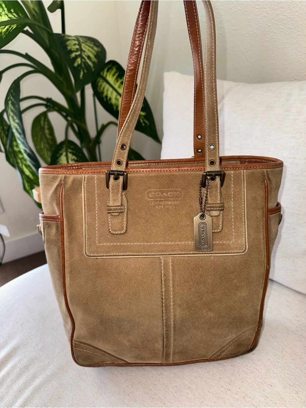 Vintage Coach Y2K Tan Brown Suede Leather Trim Tote Shoulder Bag Purse #F10410 - Picture 1 of 17